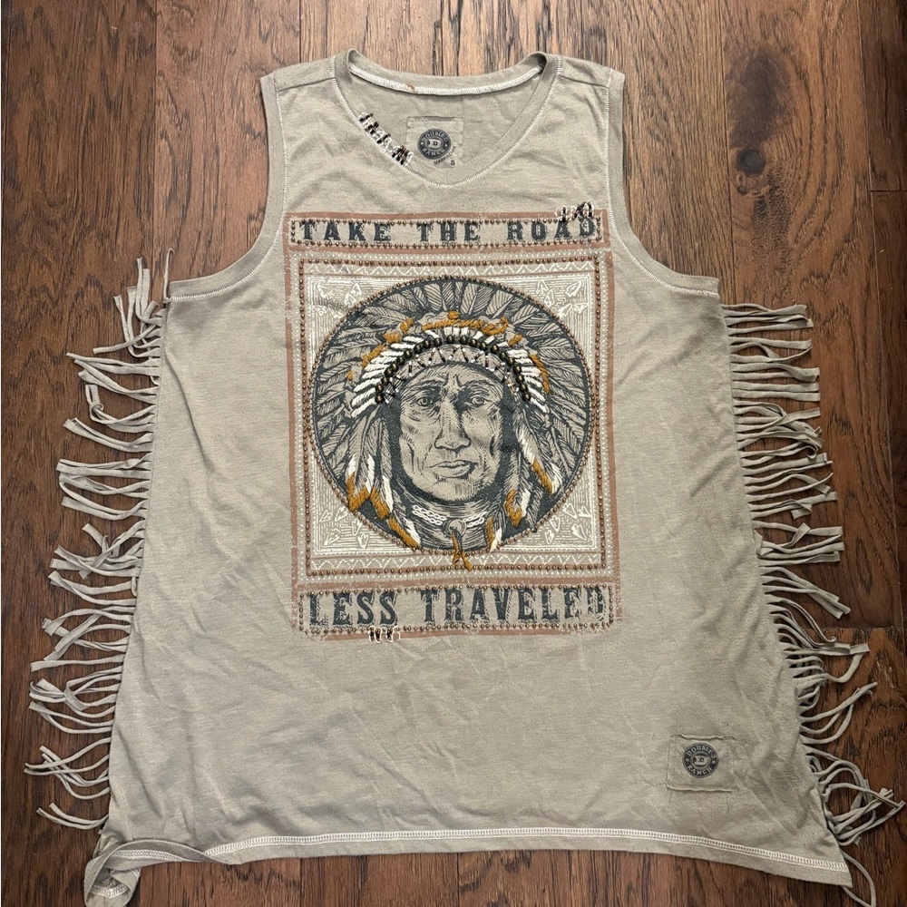Double D Ranch Fringe Top Indian Chief Graphic Print Road Less Traveled Sz Lg